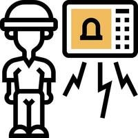 A man in a hard hat and helmet is standing next to a computer vector