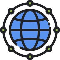 The globe is surrounded by circles and connected to a network vector