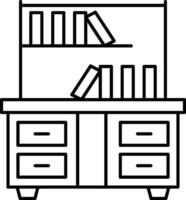 A black and white drawing of a desk with bookshelf vector