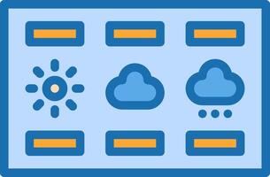 A blue and orange icon with a cloud, sun and rain vector