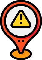 A red and orange pin with a yellow caution sign vector