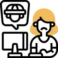 A woman is sitting at a computer with a headset on vector
