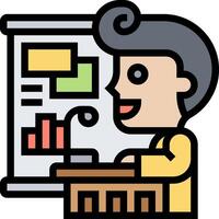 A cartoon man is standing at a desk with a projector screen vector