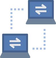 Two laptops connected to each other with arrows pointing to them vector
