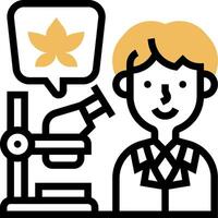 A man in a lab coat is looking at a microscope vector