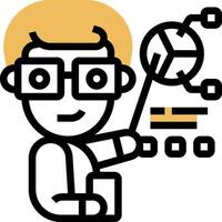 A cartoon man holding a magnifying glass and looking at a computer vector