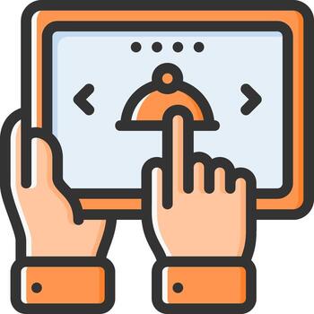 A tablet with a menu on it and a hand holding it vector