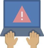 Hands holding a laptop with a warning triangle on it vector
