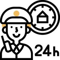 A man in uniform holding a clock and a sign that says 24 hours vector
