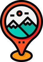 A map marker with mountains and a mountain in the background vector