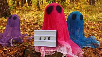 Lightbox BOO text Halloween holiday concept. Handmade colorful ghosts made from bandages and glue in autumn forest background. Children's art project. DIY concept. video