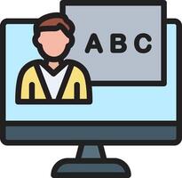 A man is standing in front of a computer with an abc sign on it vector