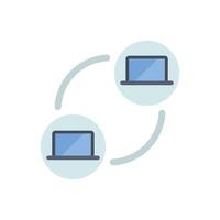 Two laptops exchanging data in circular network icon vector