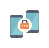Two smartphones sharing data through vpn connection secured by a padlock vector