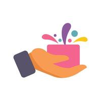 Businessman holding a gift box with colorful confetti exploding from it vector