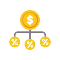 Dollar coin dividing into multiple percentage symbol coins representing investment portfolio diversification strategy vector