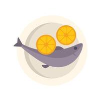 Cooked fish lying on plate with lemon slices, healthy eating concept vector