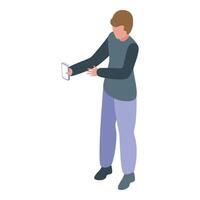 Young man using smartphone for augmented reality experience vector
