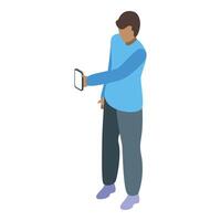 Young man using smartphone, holding mobile phone, browsing internet, watching video, playing game vector