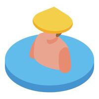 Tourist wearing conical hat relaxing in onsen, hot spring, or thermal bath vector