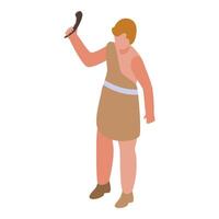 Primitive caveman wearing tunic holding a stone tool vector
