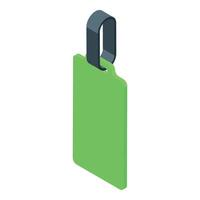 Green rectangular label hanging with black strap, isometric view vector