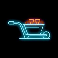 Glowing neon sign of a wheelbarrow full of bricks on a black background vector