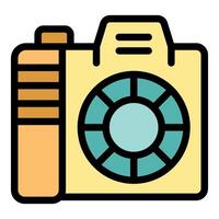 Vintage photo camera with shutter and lens focusing on subject vector