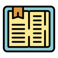 Open book with bookmark showing pages with text and lines icon vector