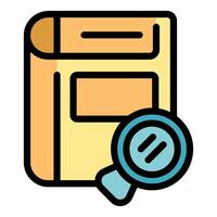 Magnifying glass exploring a textbook for knowledge and learning vector