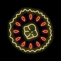 Neon sign of a round cookie with filling and chocolate chips on black background vector
