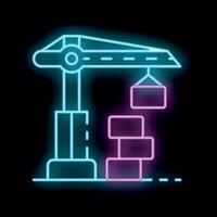 Neon construction crane lifting bricks icon background vector