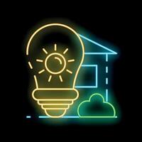 Neon icon of lightbulb with sun shining for solar panel energy and modern house vector