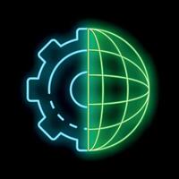 Neon icon of a cogwheel merging with a globe representing global business vector