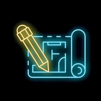 Neon pencil drawing line on blueprint icon on black background vector