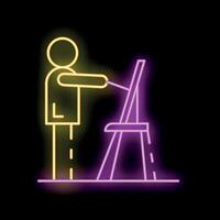 Neon sign of an artist painting on canvas with a brush on an easel vector