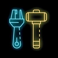 Glowing neon hammer and wrench icon, isolated vector illustration for design