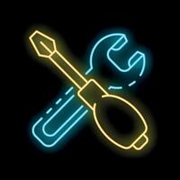 Crossed wrench and screwdriver neon sign glowing on black background vector