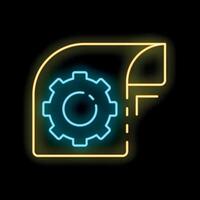 Glowing neon line file document icon isolated on black background. Gear symbol. Vector illustration