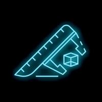 Neon caliper measuring cube icon glowing on dark background vector