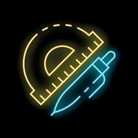 Neon glowing protractor and technical pen on black background vector