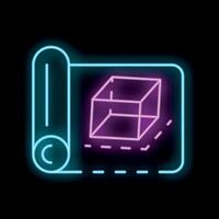 Neon sign showing blueprint with cube on black background vector