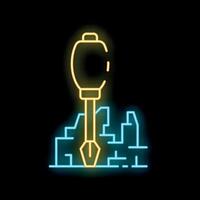 Neon icon of jackhammer breaking ground representing construction work vector