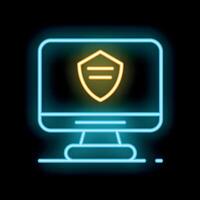 Neon computer icon showing a shield displaying secure connection for online security vector