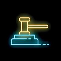 Neon gavel striking sound block icon glowing on black background vector