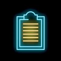 Glowing neon sign depicting a clipboard with paper for a list on a black background vector
