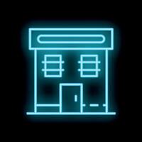 Glowing neon sign depicting a building with a canopy on black background vector