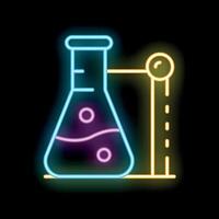 Neon glowing icon of a chemical flask with boiling liquid representing science and education vector