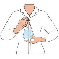 A laboratory assistant in a white coat holds a flask of liquid, close up. Chemical, biological research vector