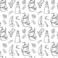 Sailing ship, compass spyglass and map seamless pattern monochrome isolated. Black and white graphic hand drawn repeating design of adventure vintage style. Childish marine design ink outline vector